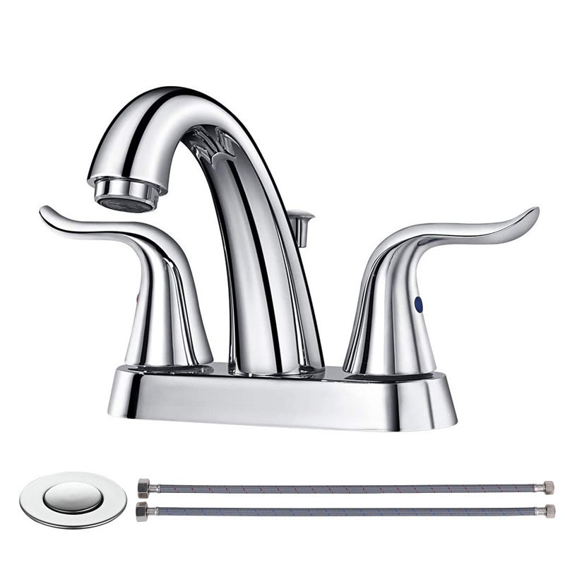 WOWOW Bathroom Faucet 2 Handle 4 Inch Centerset Bathroom Sink Faucet Lead-Free Basin Mixer Tap Lift Rod Drain Stopper, Two-Handle Center-Set Lavatory Faucet Chrome - Image 1